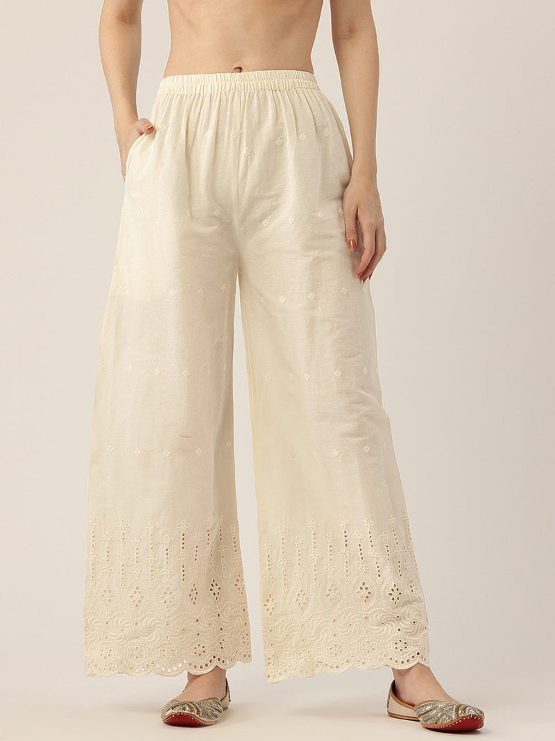 Beige Palazzos | Embroidered Elegnace With Elastic Waist & Single Pocket