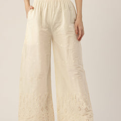 Beige Palazzos | Embroidered Elegnace With Elastic Waist & Single Pocket