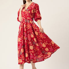 Women's Pure Cotton Floral Printed A-Line Gown with 3/4 Puff Sleeves & V-Neck