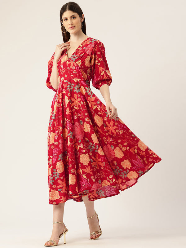 Women's Pure Cotton Floral Printed A-Line Gown with 3/4 Puff Sleeves & V-Neck