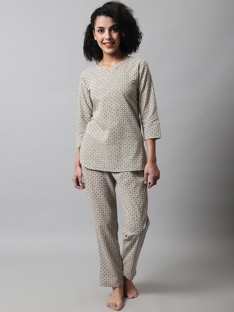 Green Printed Cotton Night Suit with V-Neck Kurti & Ankle-Length Pants