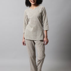 Green Printed Cotton Night Suit with V-Neck Kurti & Ankle-Length Pants
