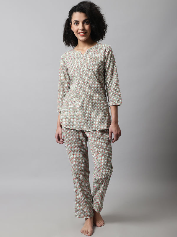 Green Printed Cotton Night Suit with V-Neck Kurti & Ankle-Length Pants