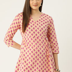 Floral Print Angrakha 3\4 Sleeves Flared Kurti