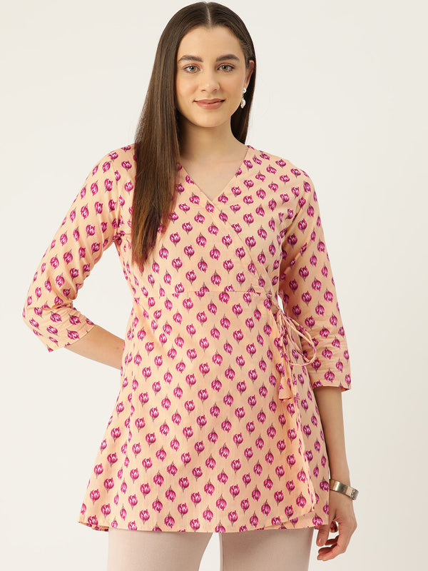 Floral Print Angrakha 3\4 Sleeves Flared Kurti