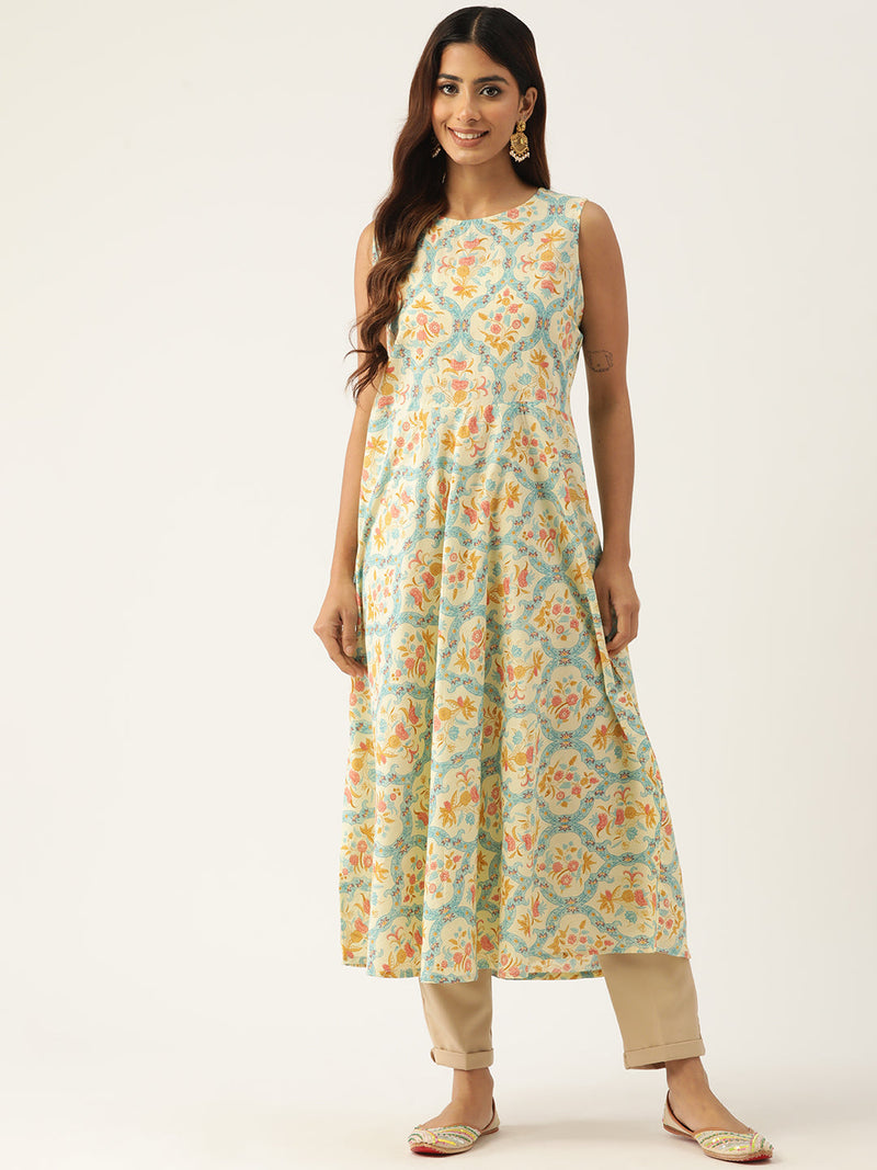 Cotton Printed Sleeveless A-Line Flared Kurti