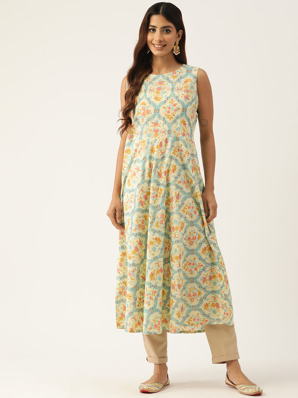 Cotton Printed Sleeveless A-Line Flared Kurti