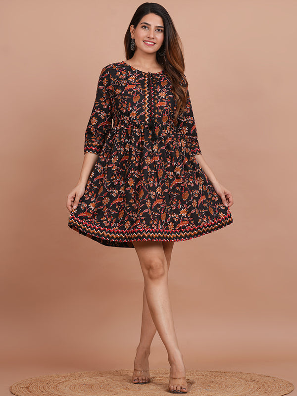 Floral Cotton Flared Dress (S–XXL | 3/4 Sleeves) – Breezy Comfort with Feminine Flow