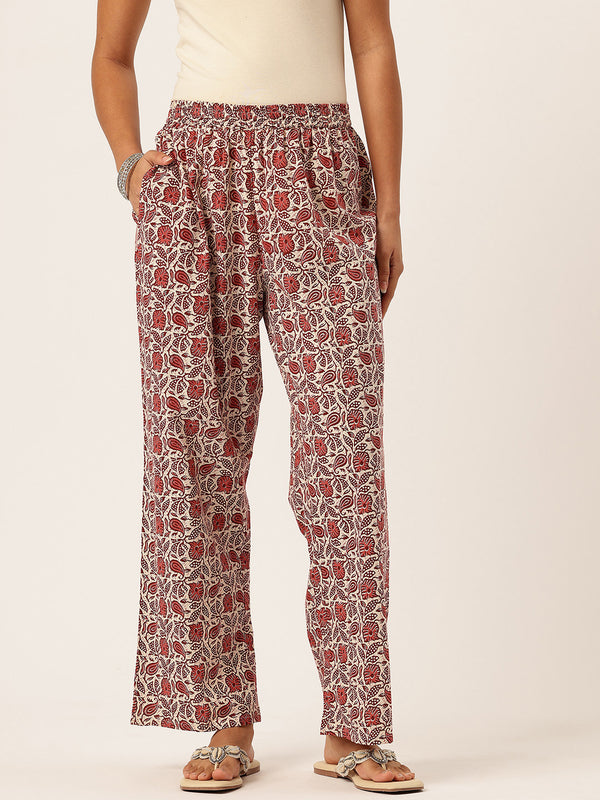 Red Women Pure Cotton Paisley Printed Palazzo Pants | Elastic Waist | Wide Leg