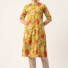 Elegant A-Line Long Kurta for Women - Mandarin Collar with Button Detailing