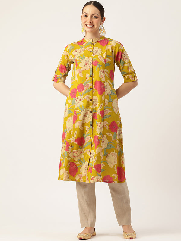 Elegant A-Line Long Kurta for Women - Mandarin Collar with Button Detailing