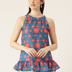 Cropped Sleeveless Elasticated Neck Bottom Flared Top with digital print on linen fabric.  | Size- Small |  Colour - Blue, Red, Yellow