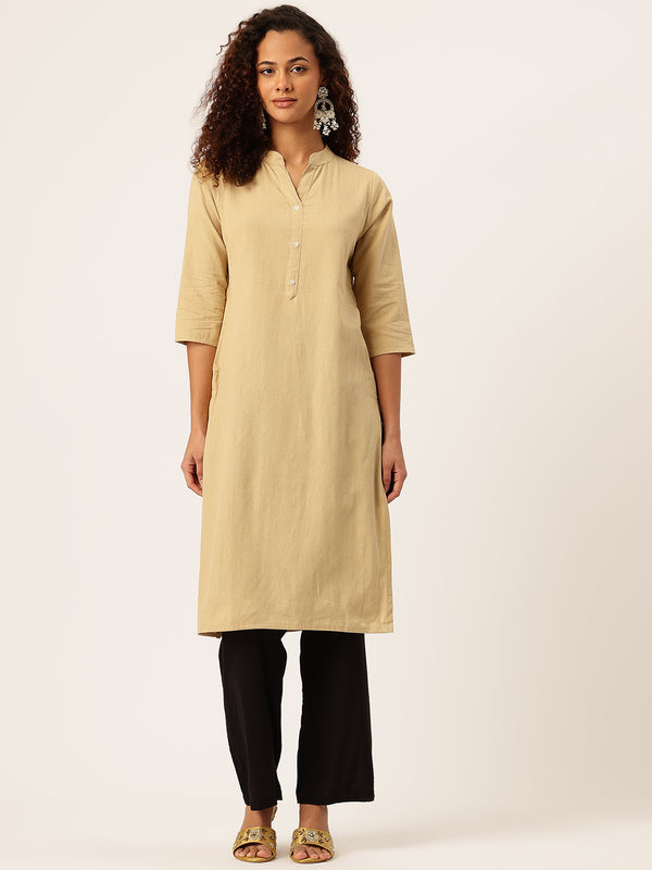 Women’s Solid Long Kurti with Mandarin Collar, 3/4 Sleeves & Pocket | Plain Elegant Cotton Kurta for Daily & Office Wear