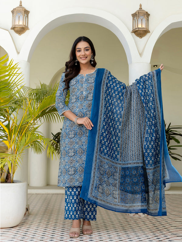 Printed Cotton Lace-Detail Kurta Set with Ankle-Length Pants and Graceful Dupatta