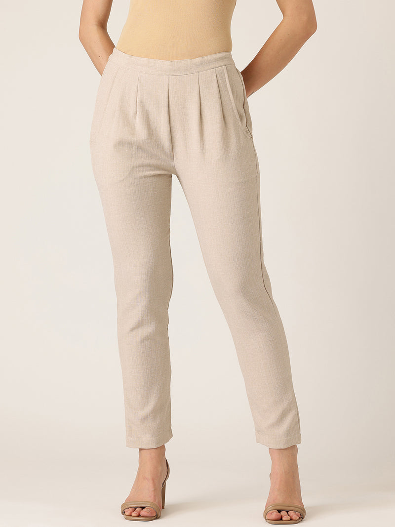 Brown Linen Trouser - Ankle-Length Pant , Partially Elasticated ,Double Pockets