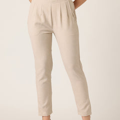 Brown Linen Trouser - Ankle-Length Pant , Partially Elasticated ,Double Pockets