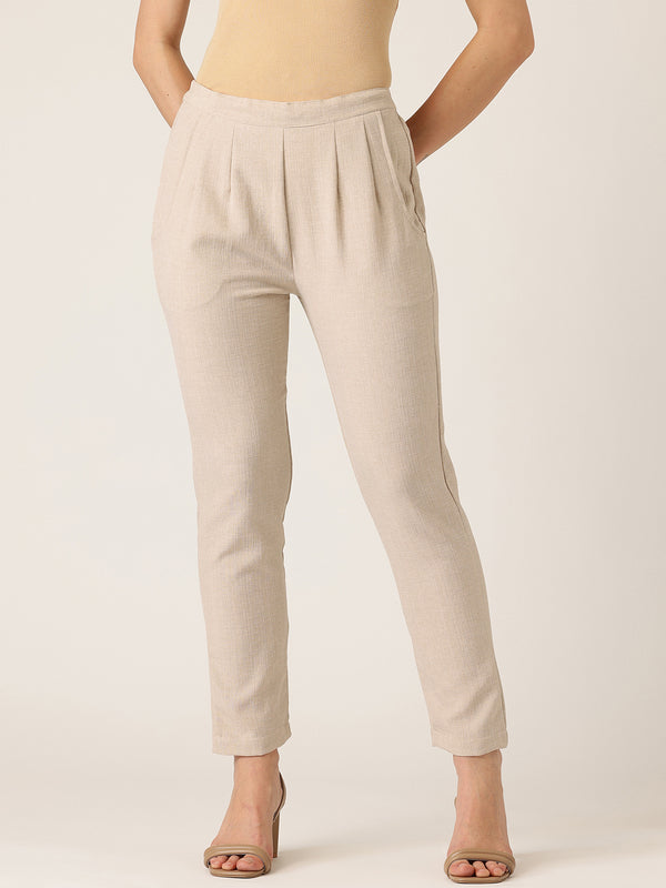 Brown Linen Trouser - Ankle-Length Pant , Partially Elasticated ,Double Pockets