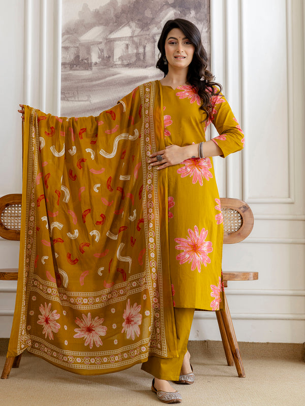 Printed Cotton Kurta Set with Ankle-Length Pants and Graceful Dupatta