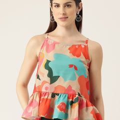 Cropped Sleeveless strap Peplum top with digital print on linen fabric.| Size- Small| Colour - Cream, Red, Blue