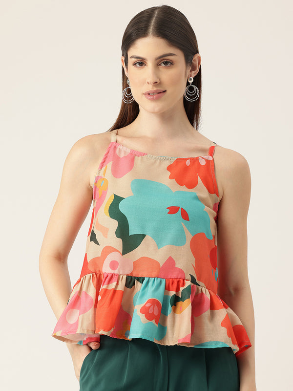 Cropped Sleeveless strap Peplum top with digital print on linen fabric.| Size- Small| Colour - Cream, Red, Blue