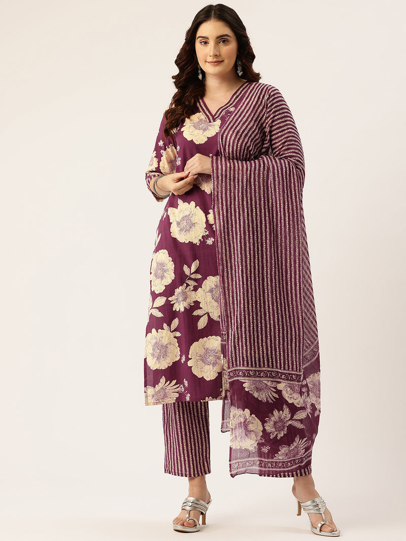 Bodered V-Neck 3-Piece Kurta Set with Ankle-Length Pants & Full-Length Dupatta (Size S-XXL).