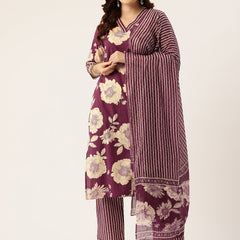 Bodered V-Neck 3-Piece Kurta Set with Ankle-Length Pants & Full-Length Dupatta (Size S-XXL).