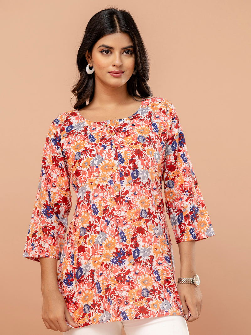 Chic Printed Short Kurti with Round Neck & 3/4 Sleeves