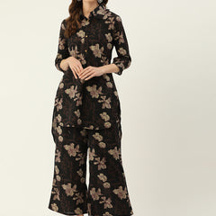 Black Elegant Collared Co-Ord Set with Frill Detail & Elasticated Pants