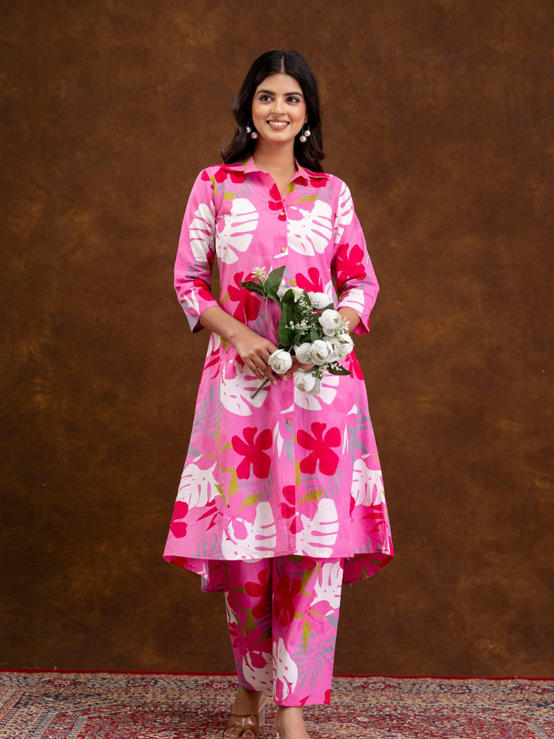 Pink Women’s Co-Ord Set–Printed Collared Kurta with 3/4 Sleeves & Elastic Waist Pants