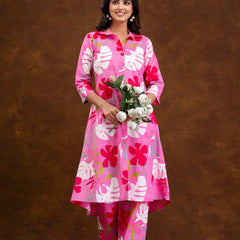 Pink Women’s Co-Ord Set–Printed Collared Kurta with 3/4 Sleeves & Elastic Waist Pants