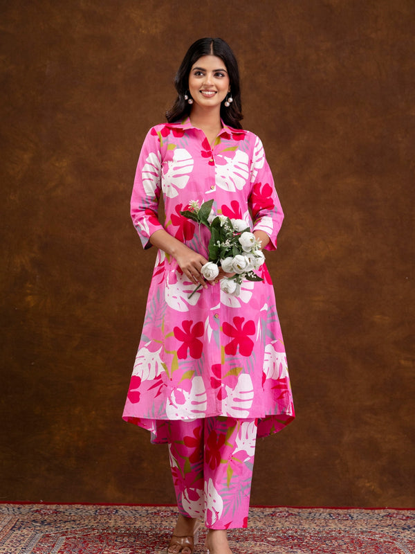 Pink Women’s Co-Ord Set–Printed Collared Kurta with 3/4 Sleeves & Elastic Waist Pants