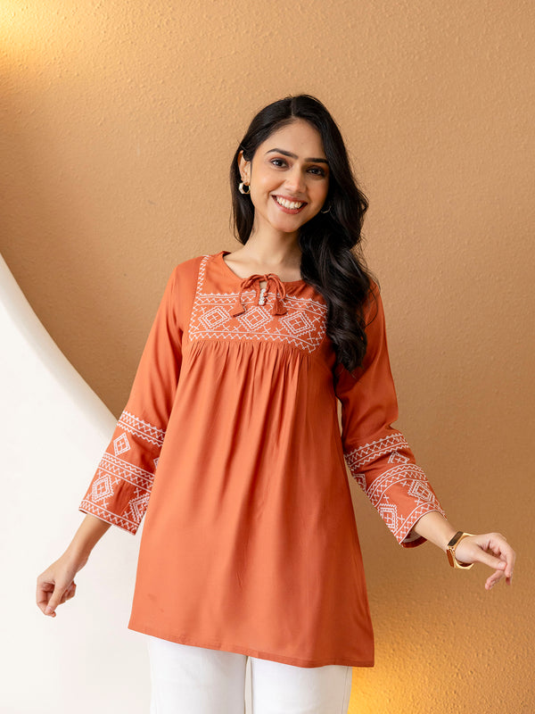 Solid Hip Length Embrioded 3/4 Sleeves Kurti