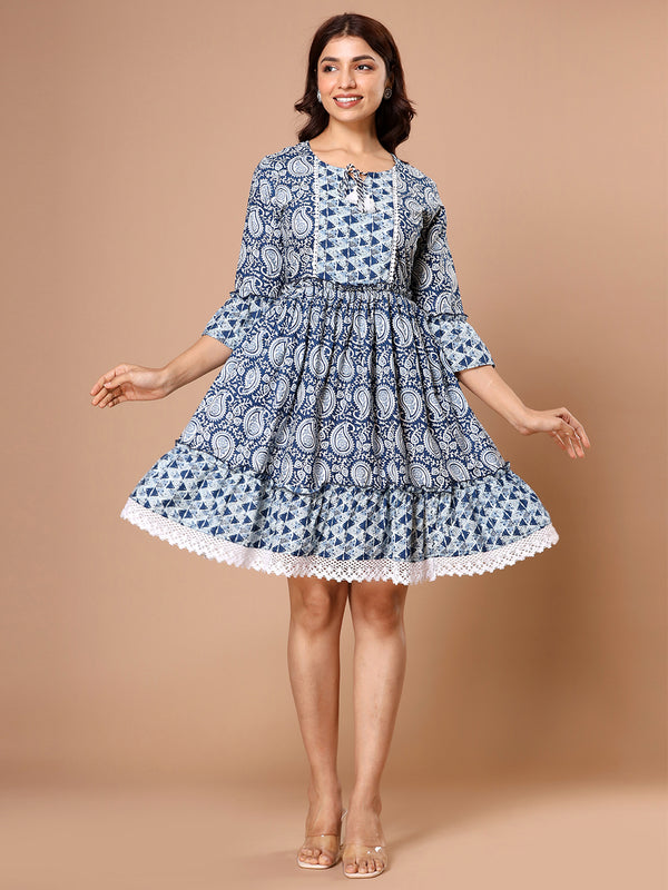 Floral Cotton Flared Dress (S–XXL | 3/4 Sleeves) – Breezy Comfort with Feminine Flow