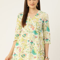 Floral Print Angrakha 3\4 Sleeves Flared Kurti