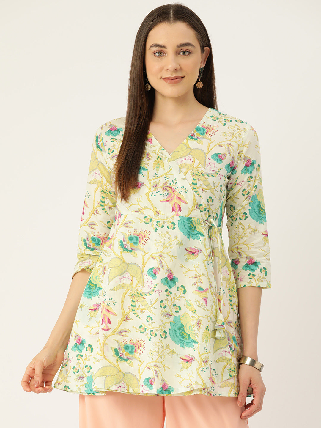 Floral Print Angrakha 3\4 Sleeves Flared Kurti