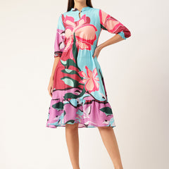 Women’s Multi-Color Muslin Floral Dress with Mandarin Collar & 3/4 Smocked Sleeves