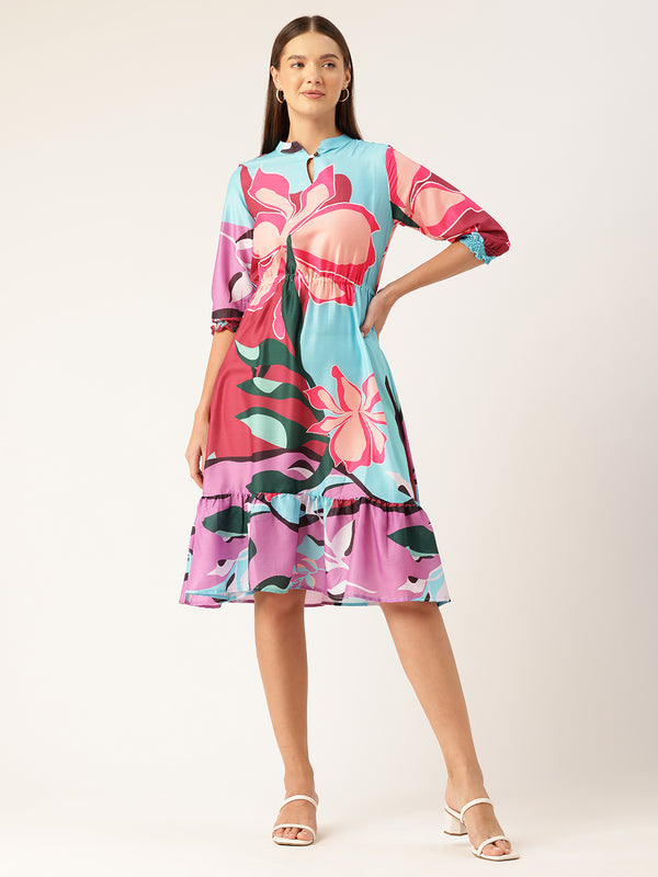 Women’s Multi-Color Muslin Floral Dress with Mandarin Collar & 3/4 Smocked Sleeves