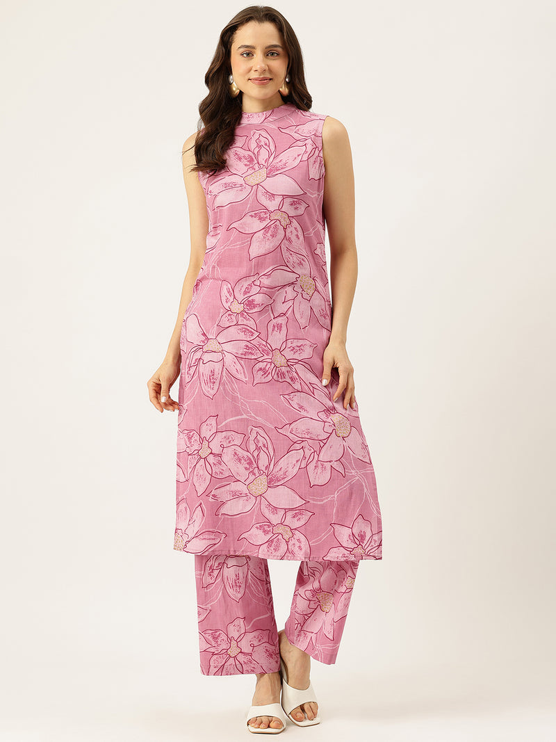 Floral Sleeveless Cotton Co-Ord Set with Choker Neckline – Pure Cotton | Sizes S–XXL