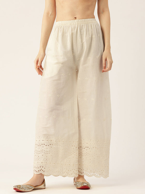 Beige Palazzos | Embroidered Elegnace With Elastic Waist & Single Pocket