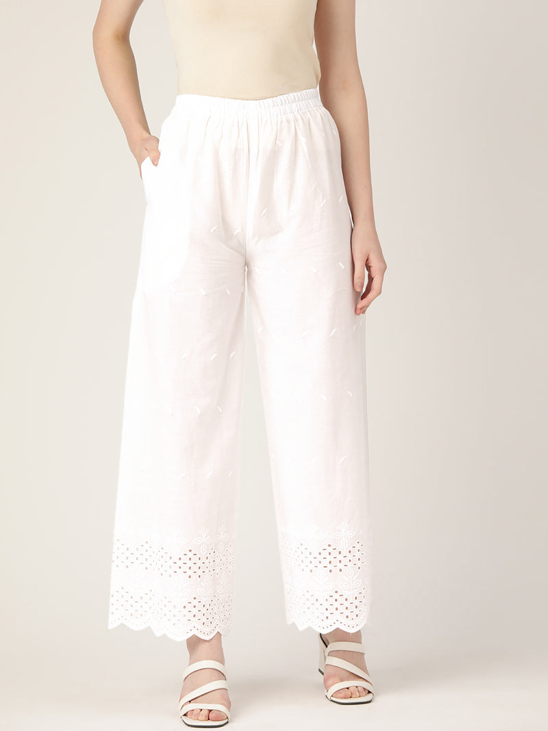 White White Embroidered Cotton Palazzos–Elastic Waist & Ankle-Length with Side Pocket