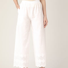 White White Embroidered Cotton Palazzos–Elastic Waist & Ankle-Length with Side Pocket