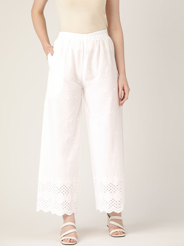White White Embroidered Cotton Palazzos–Elastic Waist & Ankle-Length with Side Pocket