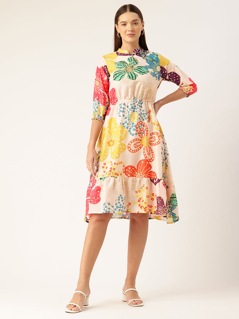 Women’s Multi-Color Muslin Floral Dress with Mandarin Collar & 3/4 Smocked Sleeves
