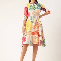 Women’s Multi-Color Muslin Floral Dress with Mandarin Collar & 3/4 Smocked Sleeves