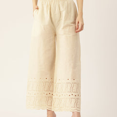 Beige Palazzos | Embroidered Elegnace With Elastic Waist & Single Pocket