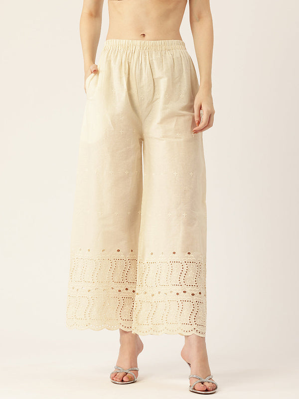 Beige Palazzos | Embroidered Elegnace With Elastic Waist & Single Pocket