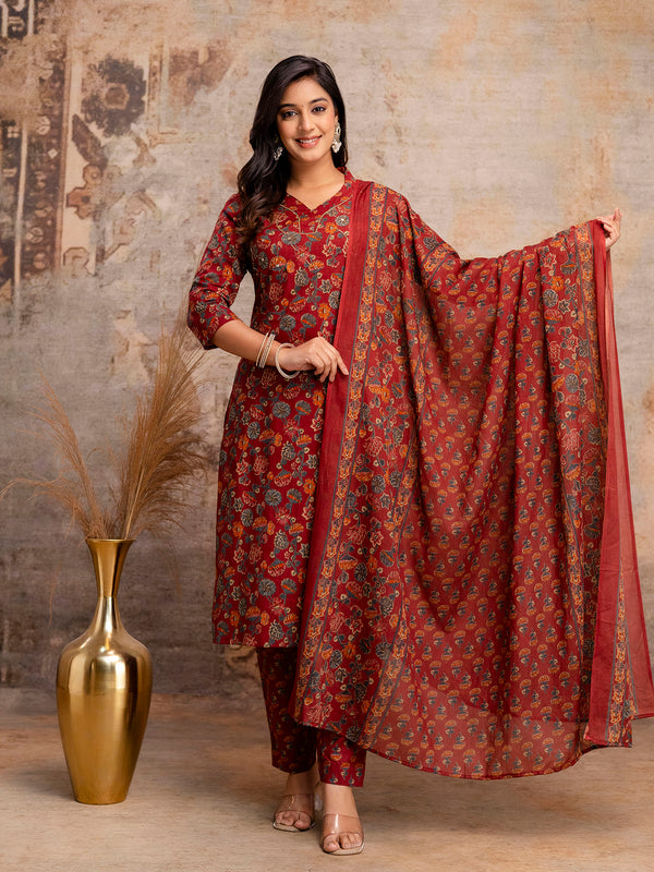 Pure Cotton Red Floral Printed 3-Piece Kurta Set with Dupatta