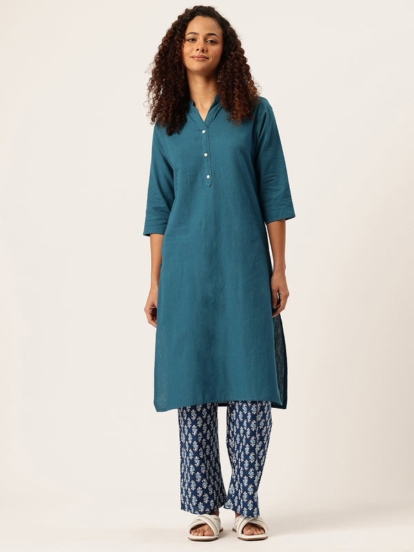 Women’s Solid Long Kurti with Mandarin Collar, 3/4 Sleeves & Pocket | Plain Elegant Cotton Kurta for Daily & Office Wear