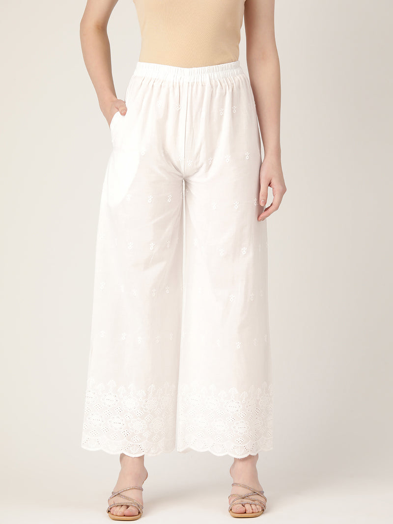 White White Embroidered Cotton Palazzos–Elastic Waist & Ankle-Length with Side Pocket