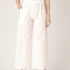 White White Embroidered Cotton Palazzos–Elastic Waist & Ankle-Length with Side Pocket